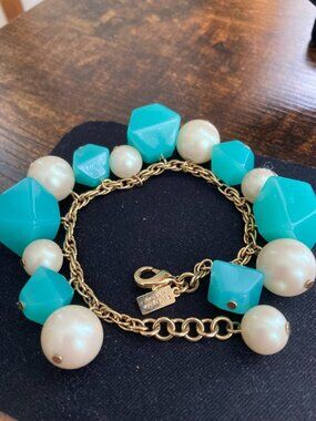Kate Spade New York Dangle Bracelet Faux Pearl Aqua Plastic Gold Tone